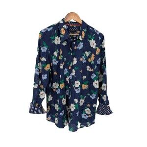 Talbots top long sleeve button down floral blue XL women's shirt preppy cotton